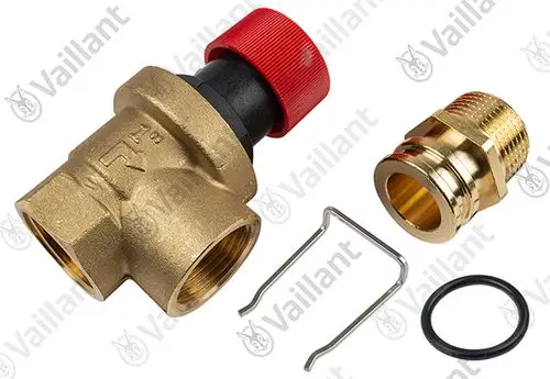 Vaillant Sicherheitsventil mit rotem Kappenverschluss, Metall- und Kunststoffkomponenten, einschließlich Anschlussstück, Unterlegscheibe und Sicherungsclip.